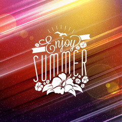 Summer vacation and summertime traveling poster. Typographic summer badge on the colorful retro background. Vector illustration