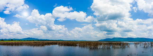 Panorama view of beautiful dam and mountains with blue sky natural background.