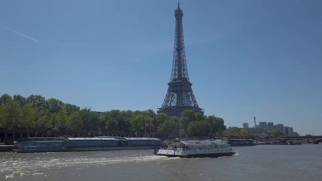 Peniche Tour Boat On Seine River Passing The Eiffel Tower, Paris, France