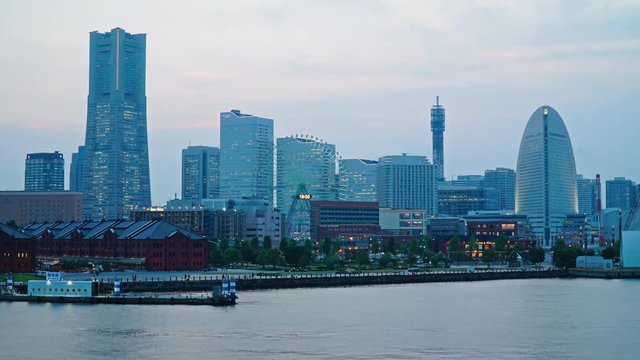 Time-lapse of the waterfront of the city of Yokohama Japan during twilight
