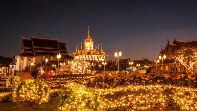 Wat Ratchanaddaram and Loha Prasat Metal Palace sunset dusk to night Time-lapse in Bangkok ,Thailand, Lockdown.