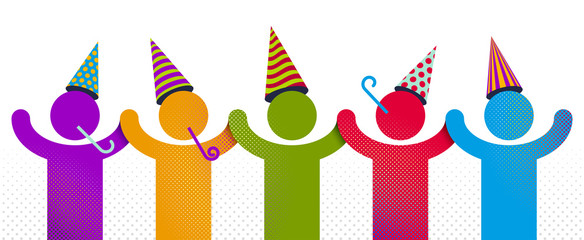 Celebrating people vector concept simple illustration or icon, celebration anniversary or holiday fun, group of cheerful happy people having fun at party.