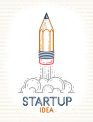 Pencil launching like a rocket start up, creative energy genius artist or designer, vector design and creativity logo or icon, art startup.