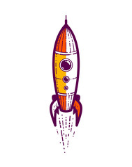 Launching space rocket start up business concept or science dream about space journeys, vector logo or icon or emblem trendy linear style.