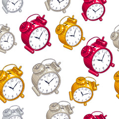 Alarm clocks seamless background, timer, deadline hurry and wake up concept, vector wallpaper or web site background.