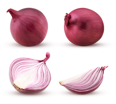 Set red onion, whole, cut in half, slace