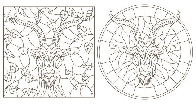 A set of contour illustrations of stained glass Windows with a goat's head, round and rectangular image, dark contours on a white background