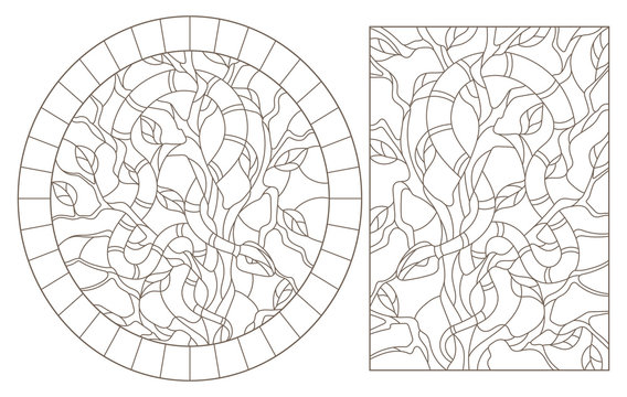 Set of contour illustrations of stained-glass windows with snakes on trees 