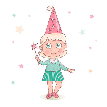 Cute little girl with a pink birthday hat on her head is holding a magic wand
