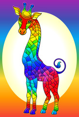 Illustration in stained glass style with bright rainbow cute giraffe on a rainbow background
