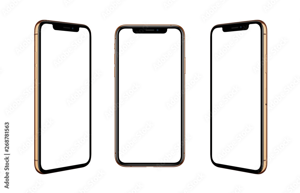 Aufkleber Gold color modern smart phone isolated in three positions. Thin and round edges with under display camera.