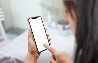 Modern phone in woman hand. Right hand touch display. Isolated screen for mockup. Photorealistic app design promotion.