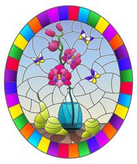 Illustration in stained glass style with bouquets of pink orchid   in a  vase,butterflies  and pears on table on blue background, oval image in bright frame