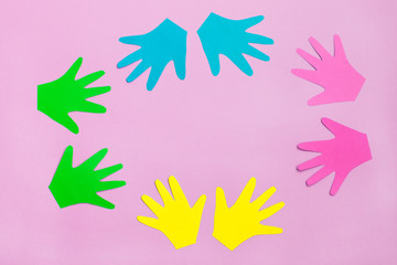 Fototapeta na wymiar Colourful Painted Hands. Family concept. Symbol unity, growth, ready for your logo. Happy volunteering hands representing love