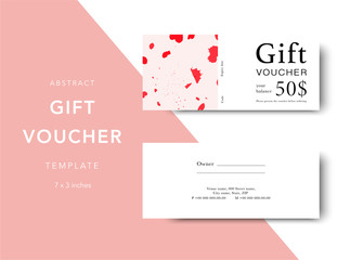 Gift voucher card template. Modern discount coupon for shopping with ink splash pattern. Modern fashion background design with information sample text. Coupon template for gift and shopping.