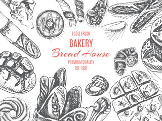 Vector illustration sketch. bread, loaf, baguette, focaccia, pizza. italian bakery house.