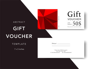 Gift voucher card template. Modern discount coupon for shopping with polygon pattern. Modern fashion background design with information sample text. Coupon template for gift and shopping.