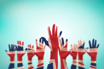 United kingdom (UK) flag pattern on person human people hands.