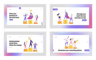 Fototapeta na wymiar Happy Businessmen Standing on the Podium Landing Page. Super Businesswoman with Golden Trophy. Teamwork, Career, Goal Achievement Concept Banner with Successful Characters. Vector flat illustration