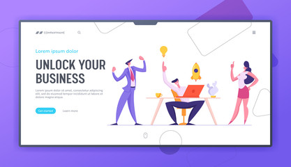 Teamwork Concept Web Banner with Group of Business People Characters Launching Start Up. Team Working Together, Brainstorming Creative Idea Landing Page. Vector flat cartoon illustration