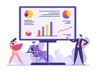 Business People Meeting Concept. Project Presentation, Teamwork, Data Analysis with Man Character Pointing on Financial Graph on Board. Vector flat illustration