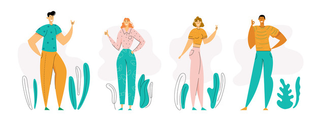 Happy Young Man Showing Gesture Rock and Okay. Girl Gesturing Thumb Up and Victory Sign with Fingers. Male and Female Characters with Positive Face Expression. Vector flat illustration
