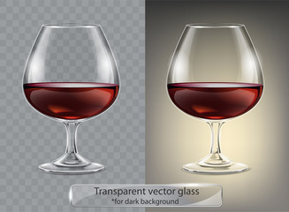Transparent vector glass goblets cognac for dark background. Brandy sniffer