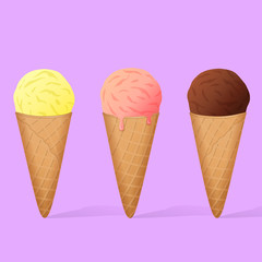 Ice cream isolated in a waffle cone. Vanilla, chocolate and strawberry ice cream. Vector illustration.