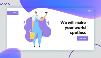 Man Cleaner Character with Bucket Landing Page. Cleaning Service with Male Staff with Equipment. Housekeeper Washing Windows, Janitor Worker Website Banner. Vector flat illustration