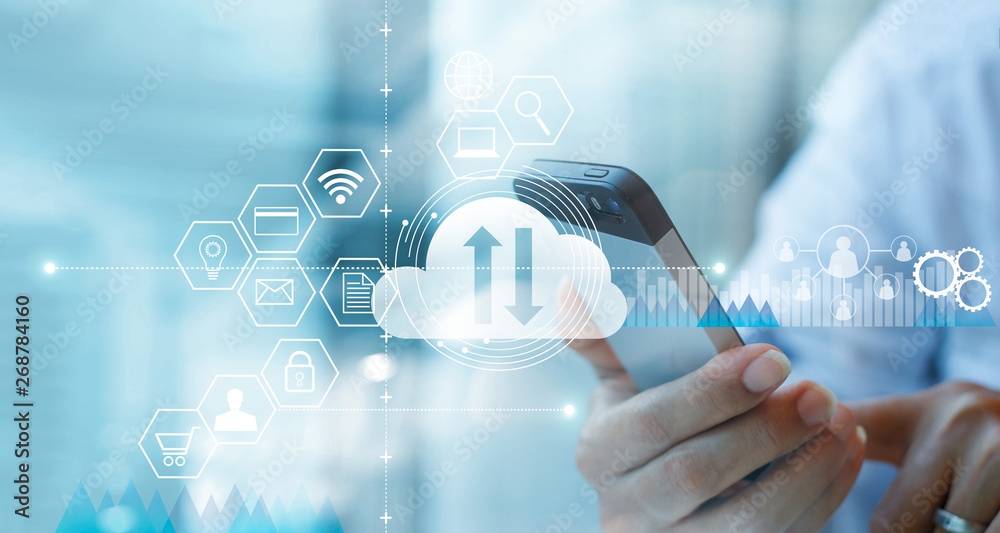 Poster Businessman using smartphone and connecting cloud computing service with icon customer network connection.  Cloud device online storage. Cloud technology internet networking concept.