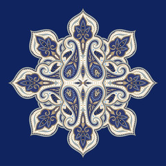 Indian paisley pattern vector. Gold and blue mandala floral medallion print. Vintage motif design. Oriental india ornament.