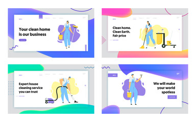 Fototapeta na wymiar Cleaner Characters with Mop, Vacuum Cleaner and Tools Landing Page. Cleaning Service with Staff with Equipment. Housewife Washing Home, Janitor Worker Web Banner. Vector flat illustration