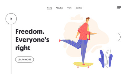 Male Character on Longboard Landing Page. Young Man Riding Skateboard. Outdoor Sport Leisure Skateboarding Concept with Happy Teenager Banner Website. Vector flat cartoon illustration