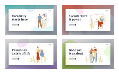 Smiling Man Sculptor Working in Studio Landing Page. Woman Character with Fashion Designer. Guy Painting with Brush. Architect Engineering Website Banner. Vector flat cartoon illustration