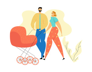 Young Family Walking in the Park. Parents with Baby Stroller. Mom and Dad with Newborn Child. Happy Mother and Father with Pram. Vector flat illustration
