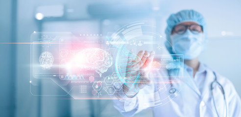 Doctor, surgeon analyzing patient brain testing result and human anatomy, dna on technological digital futuristic interface, digital holographic, innovative in medical, science and medicine concept.
