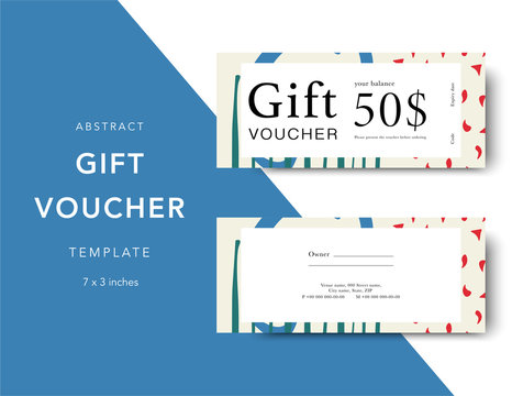 Gift voucher card template. Modern discount coupon for shopping with abstract pattern. Modern fashion background design with information sample text. Coupon template for gift and shopping.