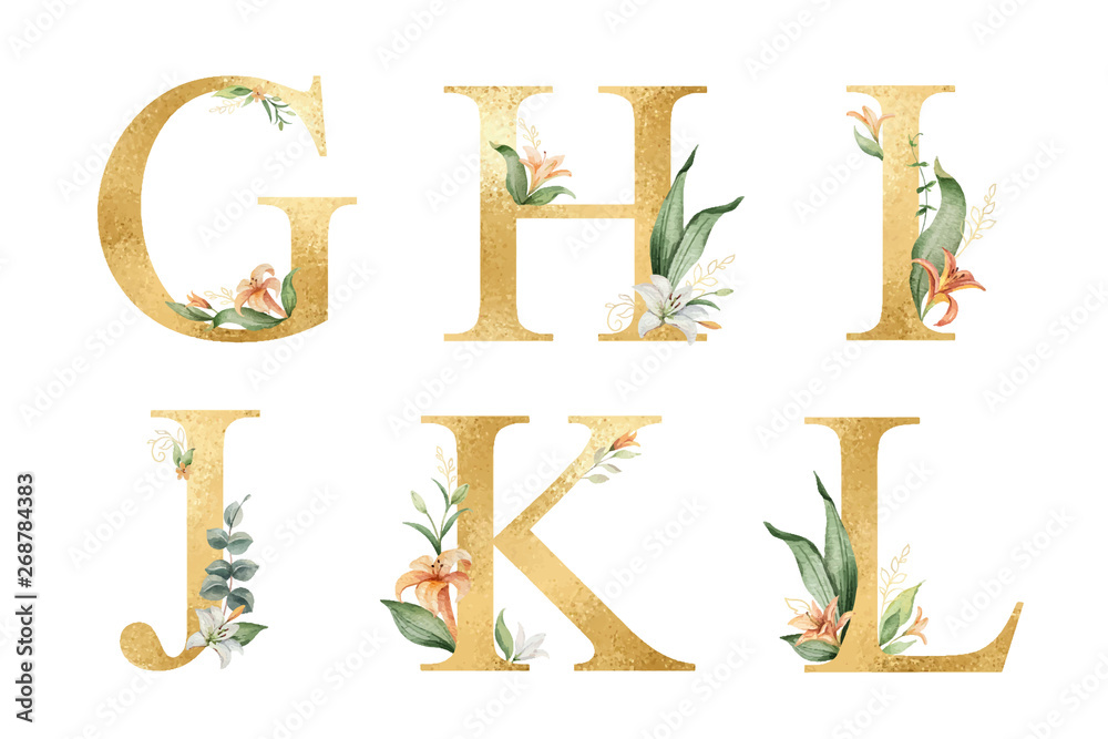 Wall mural golden vector glitter alphabet with watercolor flowers.