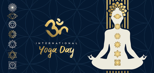 Yoga Day banner of gold woman in lotus pose