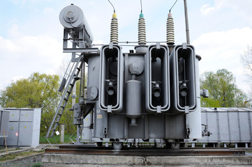 Transformers, insulators and part of high-voltage lines of an electric substation