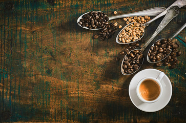 Espresso coffee with assorted roasted coffee beans