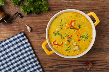 Sweet potato soup with chicken and lentils.