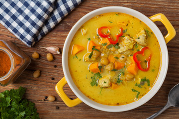 Sweet potato soup with chicken and lentils.