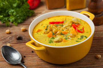 Sweet potato soup with chicken and lentils.