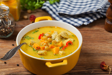 Sweet potato soup with chicken and lentils.