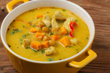 Sweet potato soup with chicken and lentils.