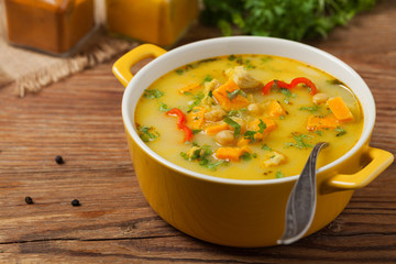Sweet potato soup with chicken and lentils.