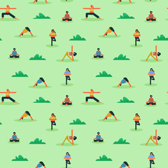 Seamless pattern of diverse people doing yoga