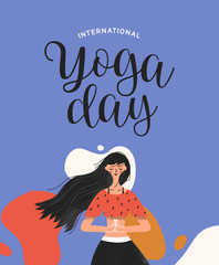 Yoga Day card of woman in tree pose exercise