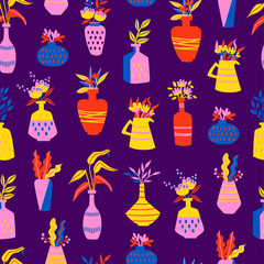 Abstract Colorful Pattern of Hand Drawn Vases. Seamless Vector Pattern.